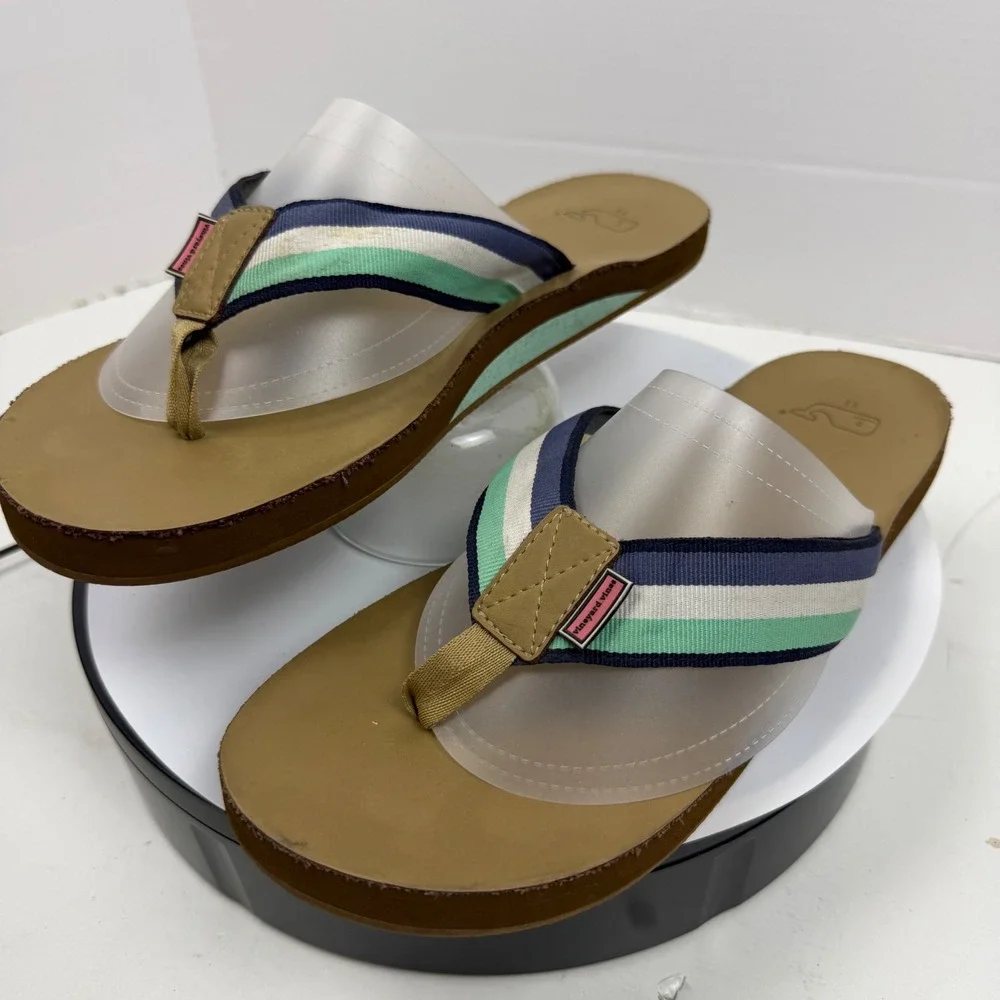 Vineyard Vines Mens Flip Flop Sandals Striped Webbing Tan Navy Green Size 11